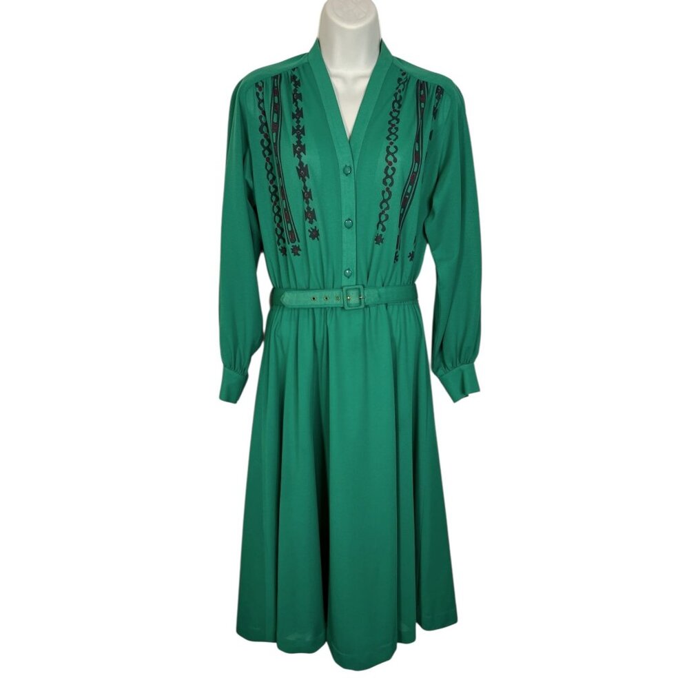 Vintage 70s Penny LeRoy Block Printed Dress Belted Knee Length Green Medium